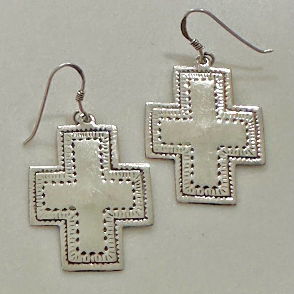 925 MO (Modena Italy) Silver Cross Dangle Earrings lightweight.